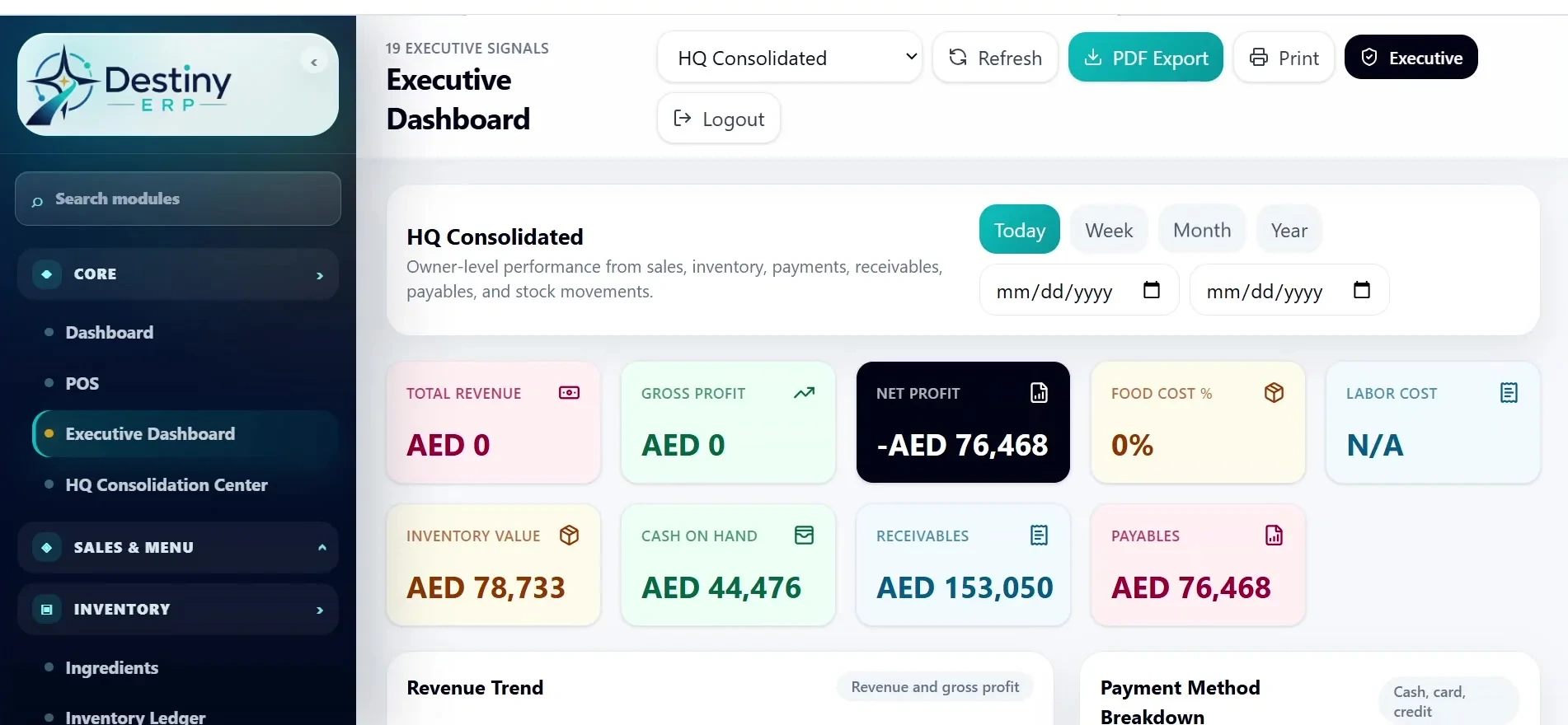 Destiny ERP executive interface