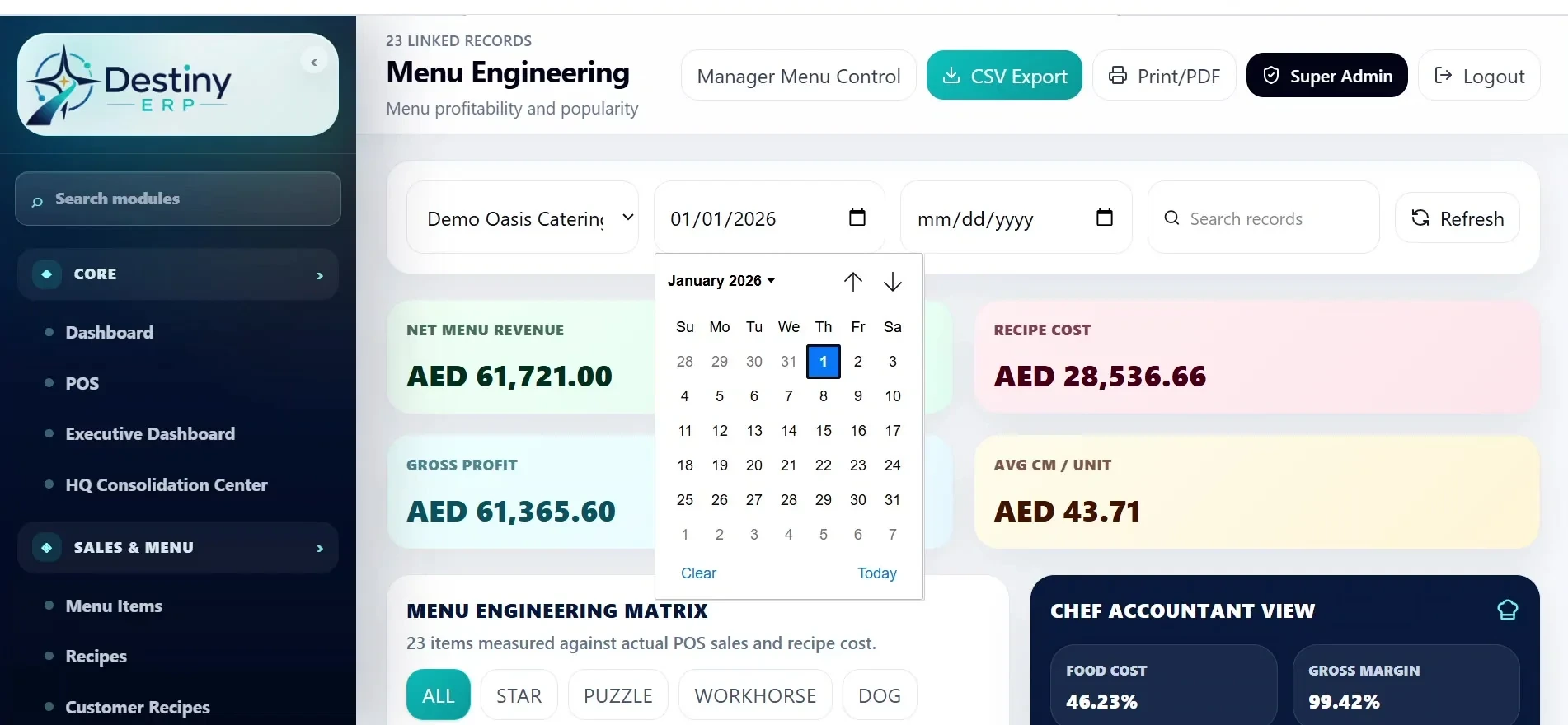 Destiny ERP — Menu engineering