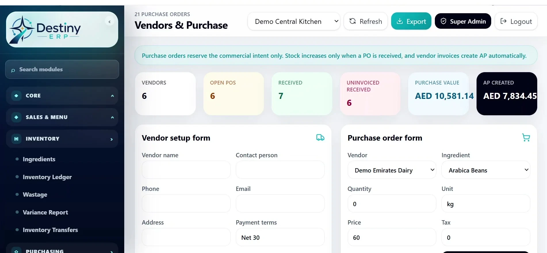 Destiny ERP — Vendors & purchasing