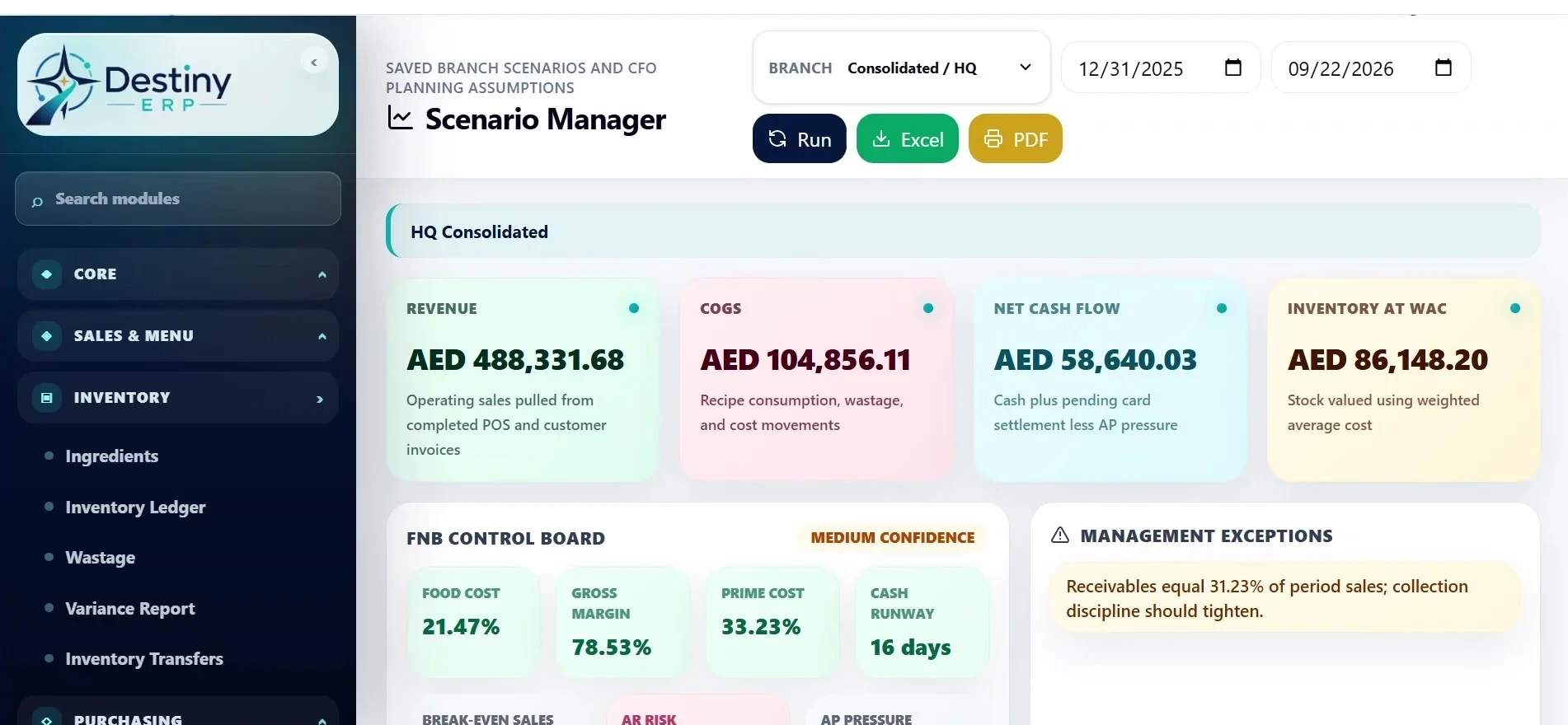 Destiny ERP — Scenario planning