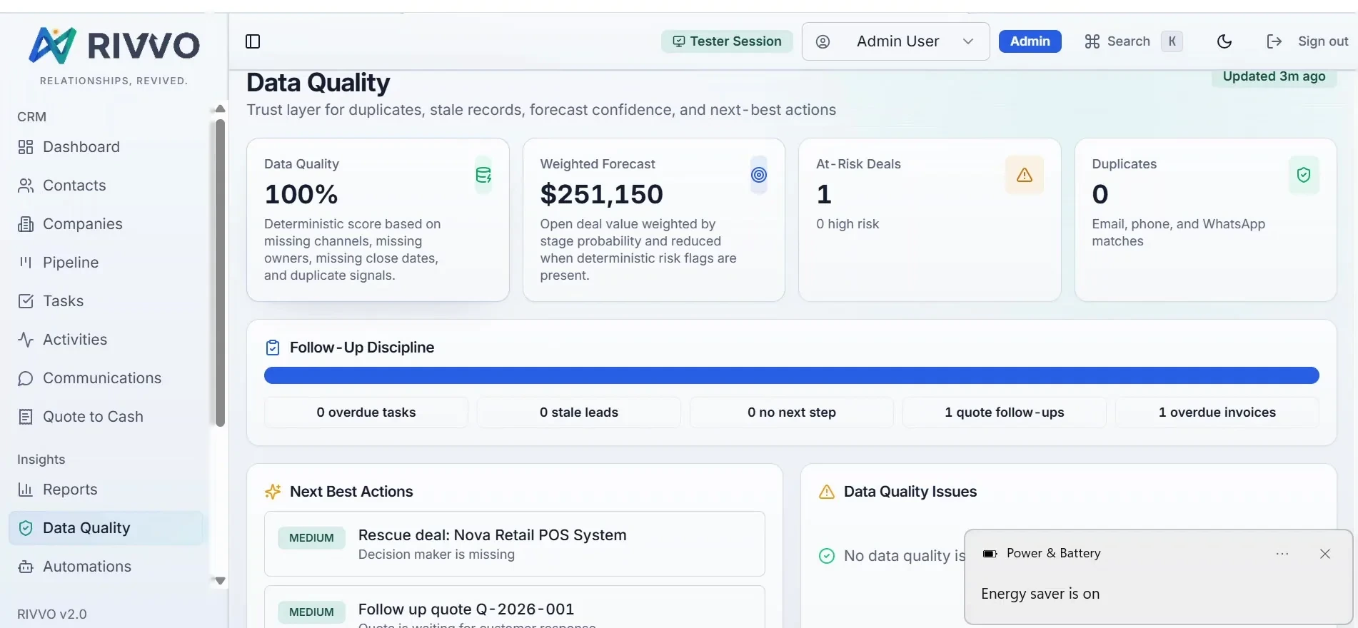 RIVVO CRM — Data quality