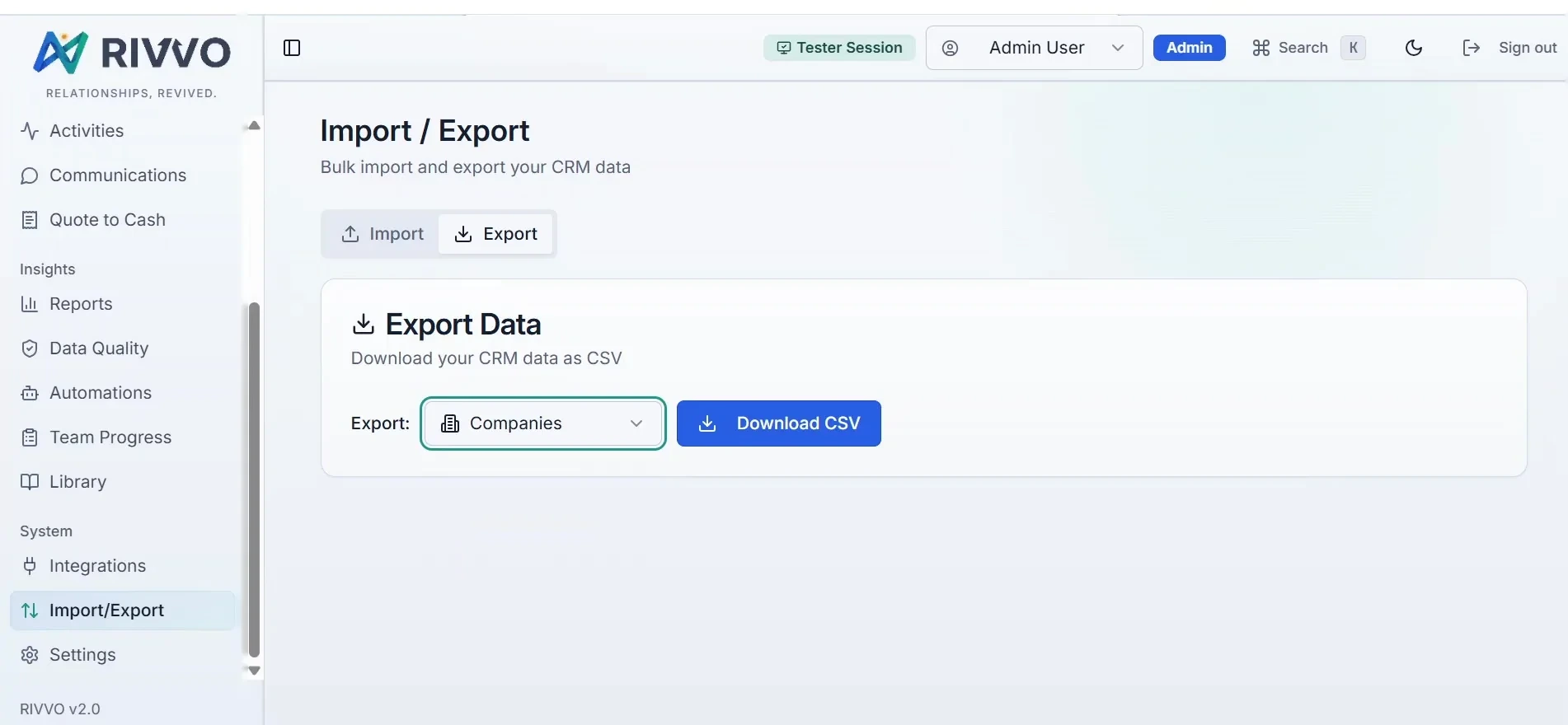 RIVVO CRM — Import & export