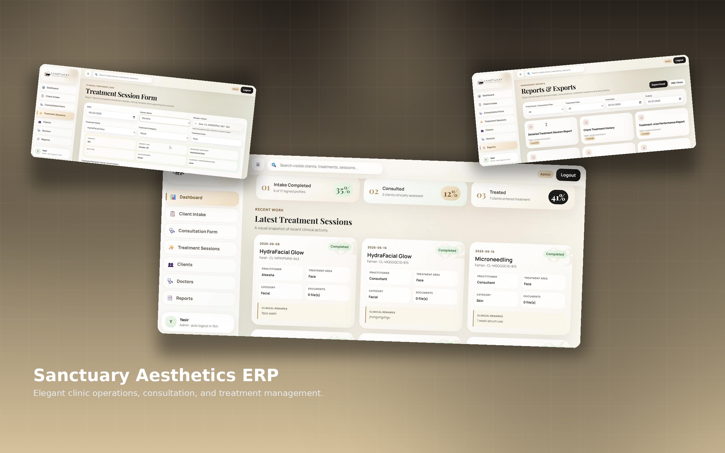 Sanctuary Aesthetics ERP: real software interfaces