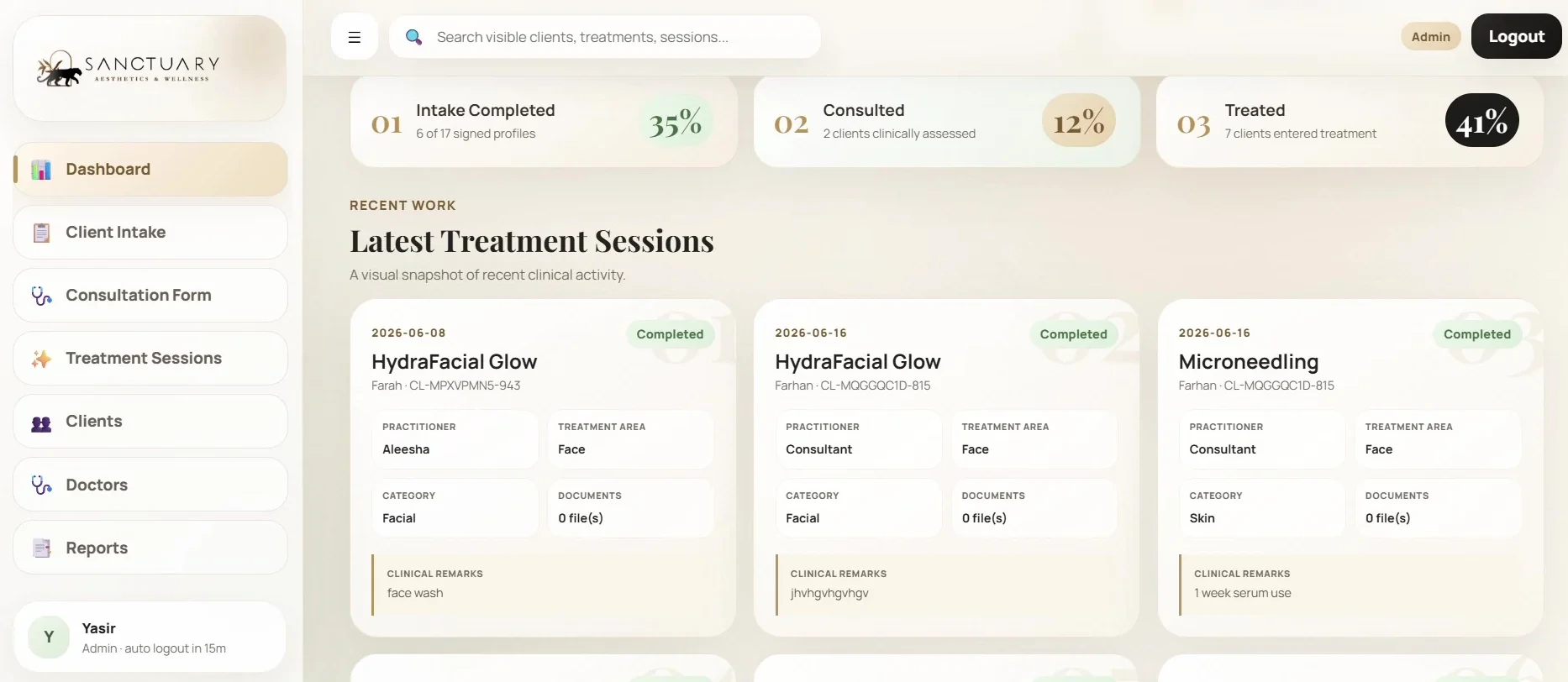 Sanctuary Aesthetics ERP — Clinic overview