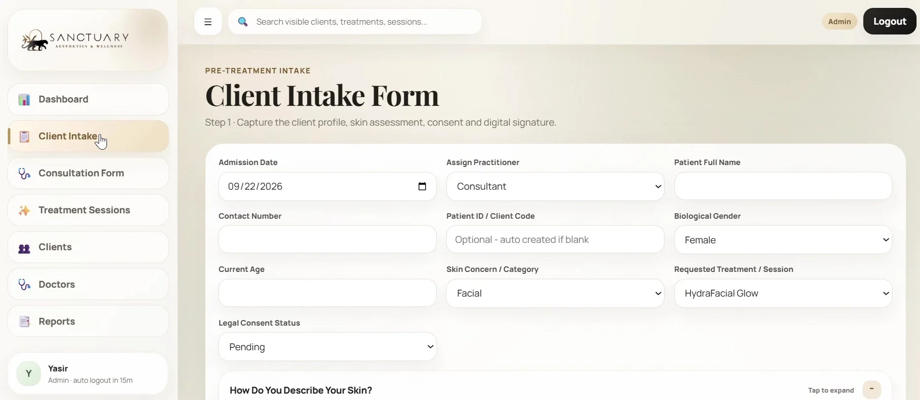 Sanctuary Aesthetics ERP — Client intake