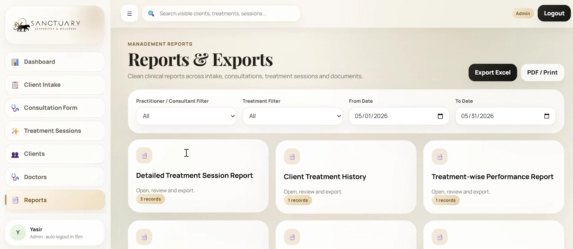 Sanctuary Aesthetics ERP — Reports & exports