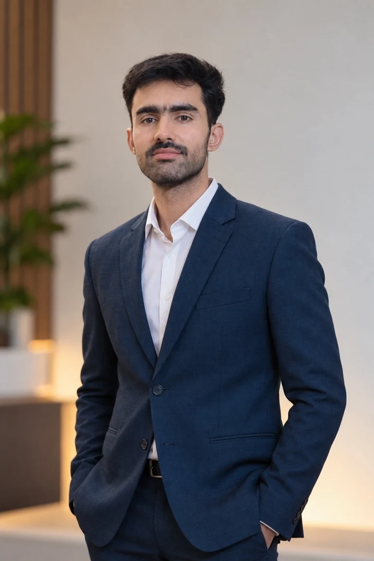 Uzair Amjad in a navy suit
